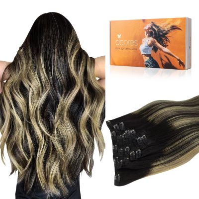 DOORES Human Hair Extensions Clip in Hair Extensions Balayage Natural Black to Light Blonde 20 Inch 120g 7pcs Real Hair Extensions Straight