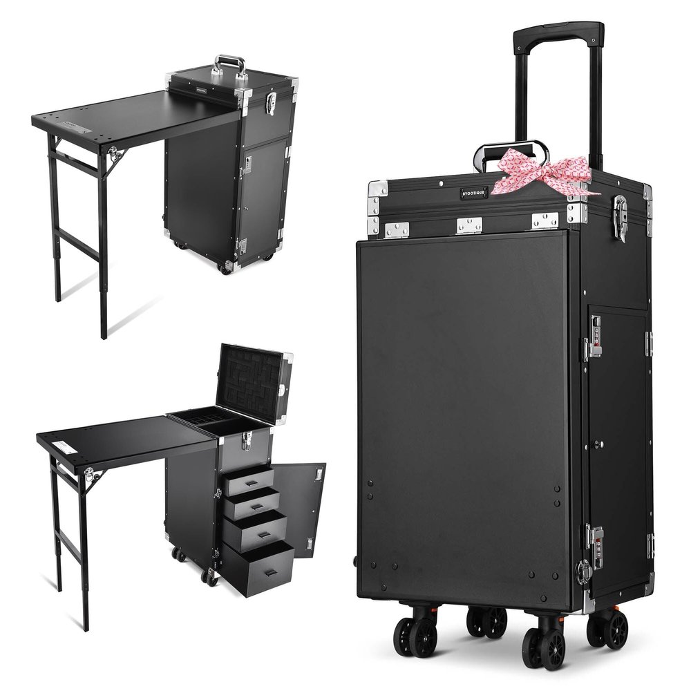BYOOTIQUE Portable Manicure Table Nail Station Rolling Makeup Case with 4 Drawers Nail Table Storage for Makeup Artist Nail Teach Manicurist,Black