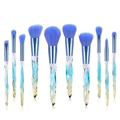 10 in 1 Professional Premium Crystal Style Diamond Cut Handle Makeup Brushes with Holographic Makeup Bag (BLUE)