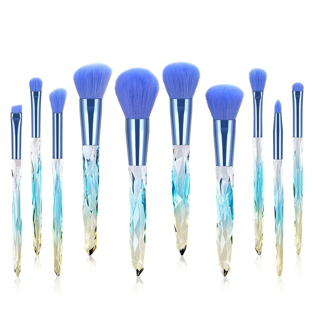 10 in 1 Professional Premium Crystal Style Diamond Cut Handle Makeup Brushes with Holographic Makeup Bag (BLUE)