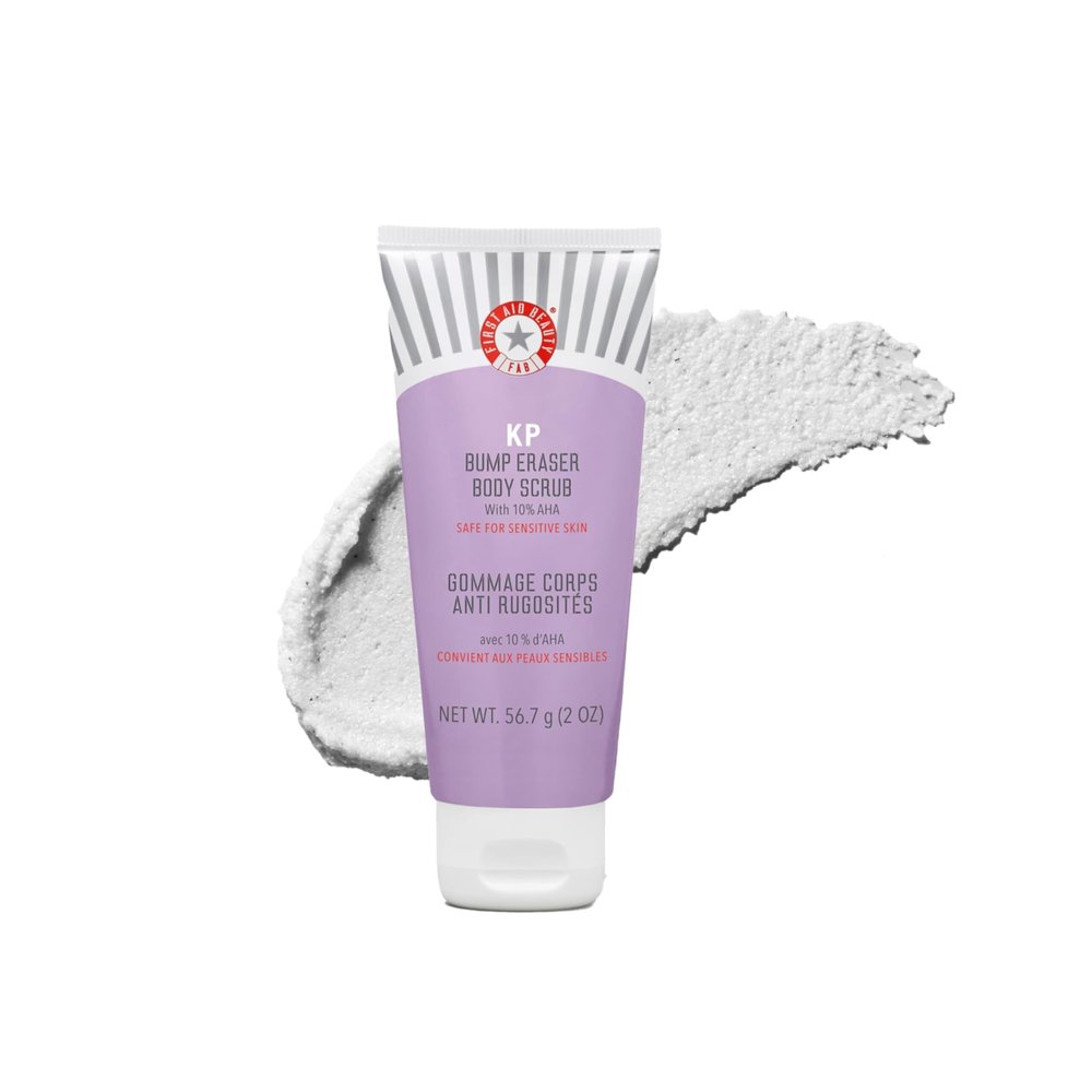 First Aid Beauty - KP Bump Eraser Body Scrub with 10% AHA, Keratosis Pilaris Skin Exfoliator with Glycolic and Lactic acids, Helps Reduce Chicken Bumps, Safe for Sensitive Skin, 2 oz