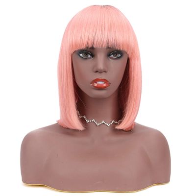 12 Inch Bob Short Straight Hair Can be Dyed Perm Bangs Real Multicolor Wig Orange (Pink)