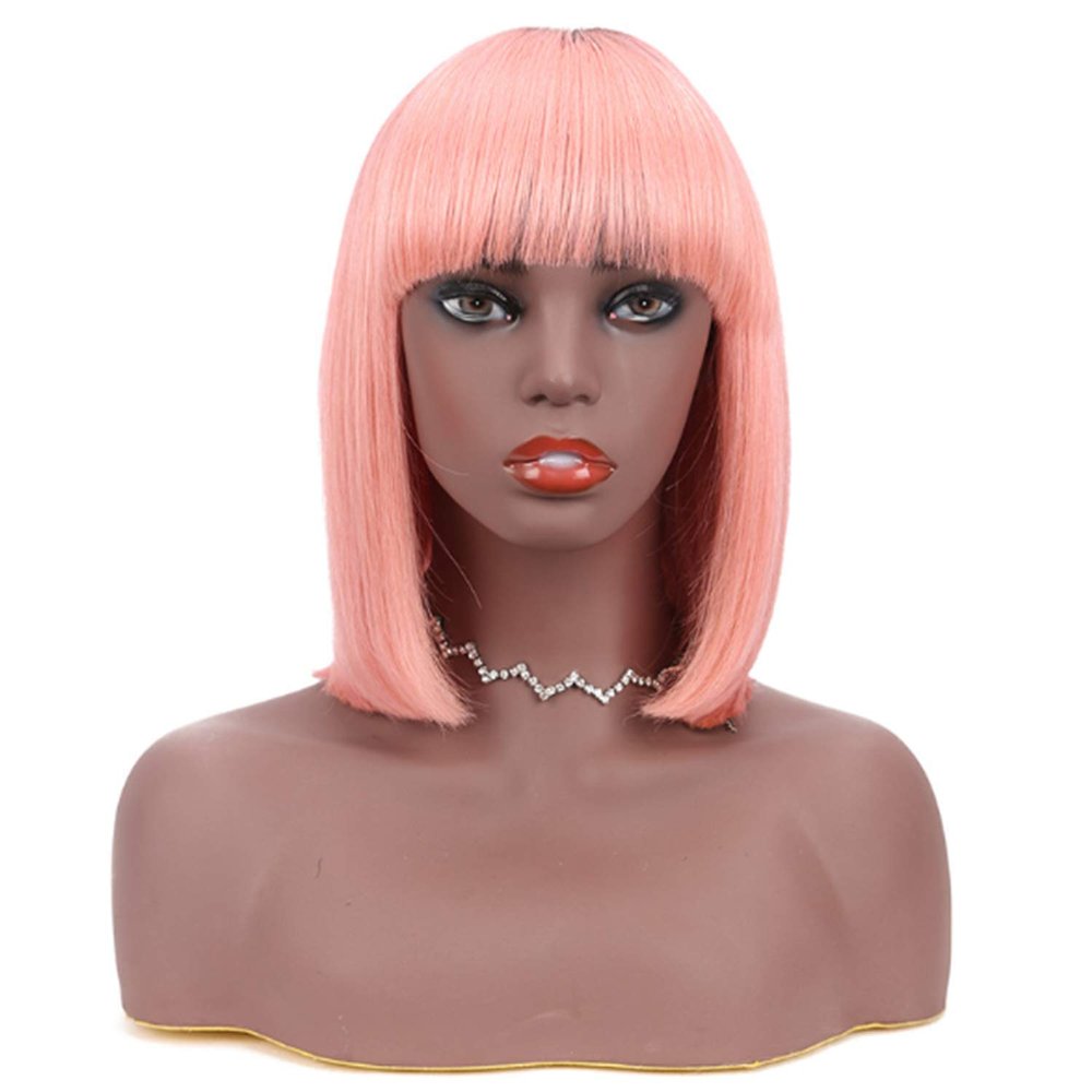 12 Inch Bob Short Straight Hair Can be Dyed Perm Bangs Real Multicolor Wig Orange (Pink)