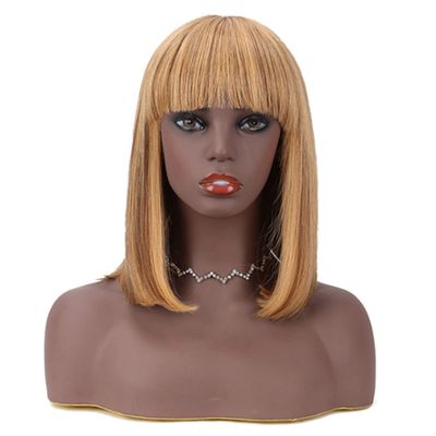 12 Inch Bob Short Straight Hair Can be Dyed Perm Bangs Real Multicolor Wig Orange (Brown)
