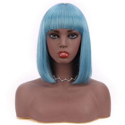 12 Inch Bob Short Straight Hair Can be Dyed Perm Bangs Real Multicolor Wig Orange (Blue)