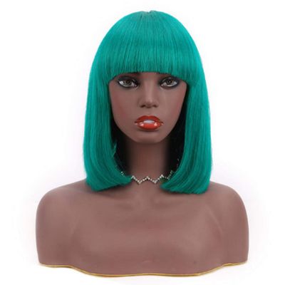 12 Inch Bob Short Straight Hair Can be Dyed Perm Bangs Real Multicolor Wig Orange (Green)