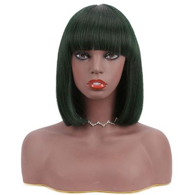 12 Inch Bob Short Straight Hair Can be Dyed Perm Bangs Real Multicolor Wig Orange (Dark Green)