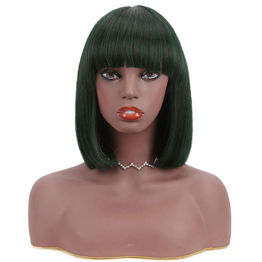 12 Inch Bob Short Straight Hair Can be Dyed Perm Bangs Real Multicolor Wig Orange (Dark Green)
