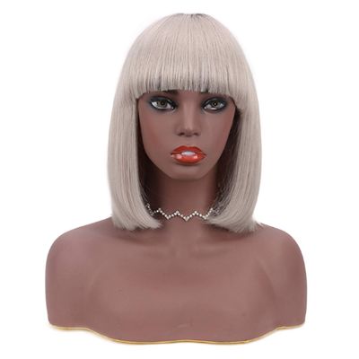 12 Inch Bob Short Straight Hair Can be Dyed Perm Bangs Real Multicolor Wig Orange (Gray)