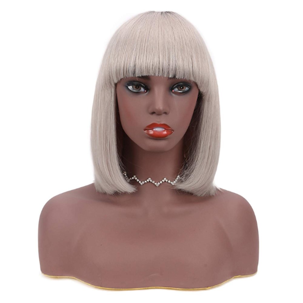 12 Inch Bob Short Straight Hair Can be Dyed Perm Bangs Real Multicolor Wig Orange (Gray)