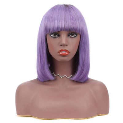 12 Inch Bob Short Straight Hair Can be Dyed Perm Bangs Real Multicolor Wig Orange (Purple)