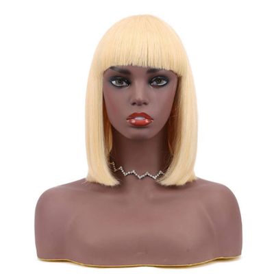12 Inch Bob Short Straight Hair Can be Dyed Perm Bangs Real Multicolor Wig Orange (Beige)