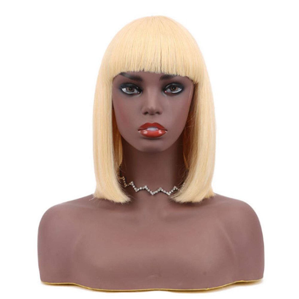 12 Inch Bob Short Straight Hair Can be Dyed Perm Bangs Real Multicolor Wig Orange (Beige)