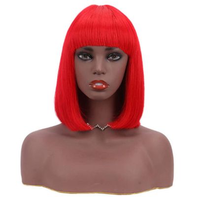 12 Inch Bob Short Straight Hair Can be Dyed Perm Bangs Real Multicolor Wig Orange (Red)