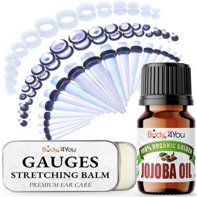 BodyJ4You 55PC Ear Stretching Kit 14G-12mm - Aftercare Jojoba Oil Ear Stretching Balm - White Acrylic Plugs Gauge Tapers Silicone Tunnels - Lightweight Expanders Men Women