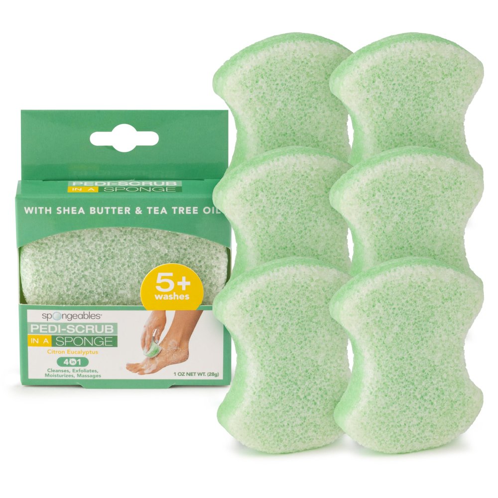 Spongeables Pedi Scrub Foot Exfoliating 5+ Wash Sponge, Citron Eucalyptus, 6 Count