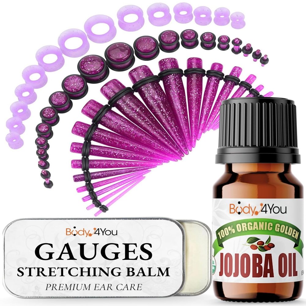 BodyJ4You 55PC Ear Stretching Kit 14G-12mm - Aftercare Jojoba Oil Ear Stretching Balm - Purple Acrylic Plugs Gauge Tapers Silicone Tunnels - Lightweight Expanders Men Women