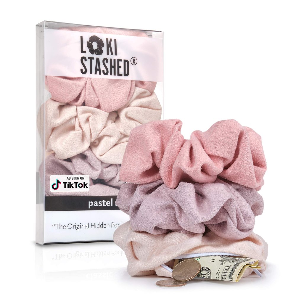 LokiStashed 3-PACK Suede Hair Tie Scrunchies for VSCO Girls & Women, THE ORIGINAL HIDDEN POCKET SCRUNCHIE with Zipper Pocket Storage, Accessories, Small Items, Keys, Money (Pastel)