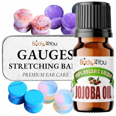 BodyJ4You 18PC Body Piercing Stone Plugs - Ear Stretching Balm Organic Jojoba Oil Aftercare - Beginners 2G 6mm - Saddle Double Flared Tunnels Expander Earrings