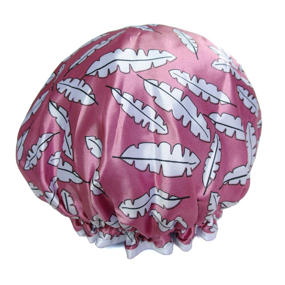 1 PCS Eco-friendly PEVA Lined Shower Cap, Cute Printed Exterior Large Bath Cap for Hair Treatment (06 Pink Feather)