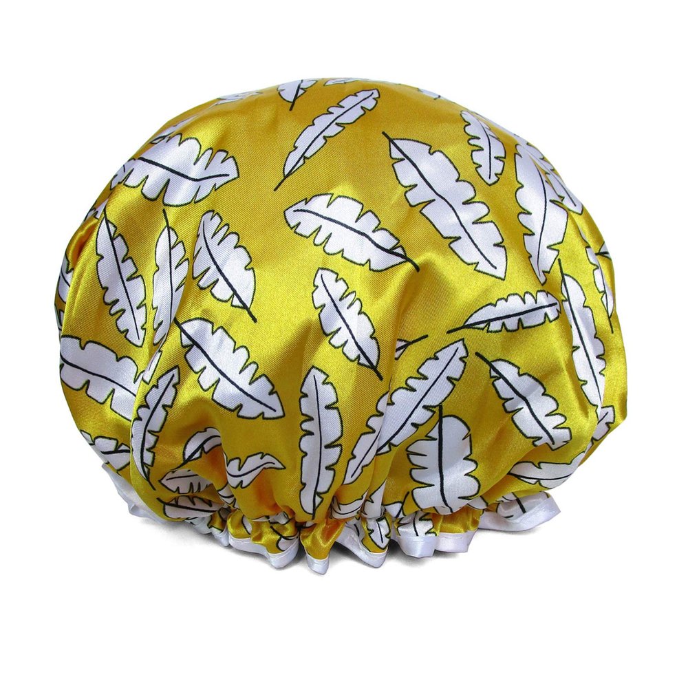1 PCS Eco-friendly PEVA Lined Shower Cap, Cute Printed Exterior Large Bath Cap for Hair Treatment (07 Yellow Feather)