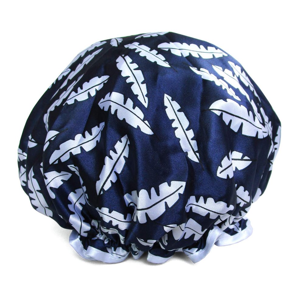 1 PCS Eco-friendly PEVA Lined Shower Cap, Cute Printed Exterior Large Bath Cap for Hair Treatment (05 Navy Feather)
