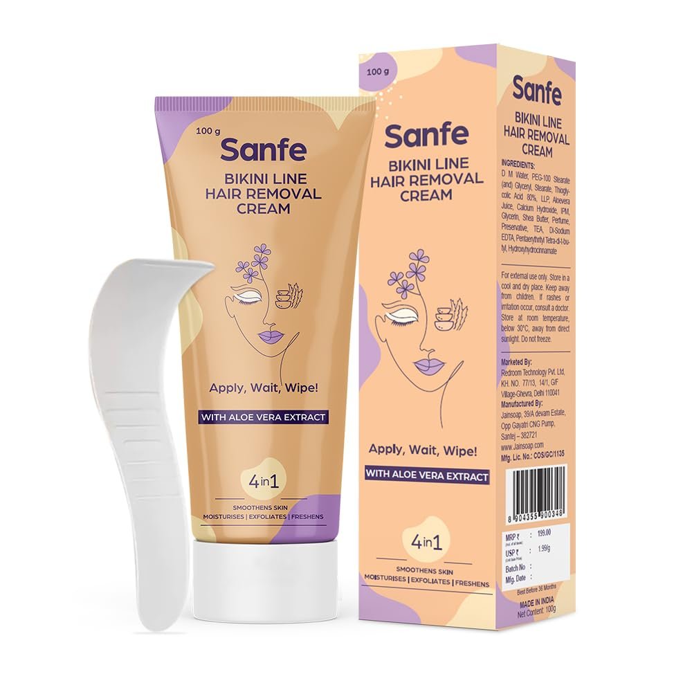 Sanfe Bikini Line Hair Removal Cream with Spatula and Intimate Wipes - 100g - Natural and Safe for sensitive skin - Lavender, Aloe Vera, Shea Butter