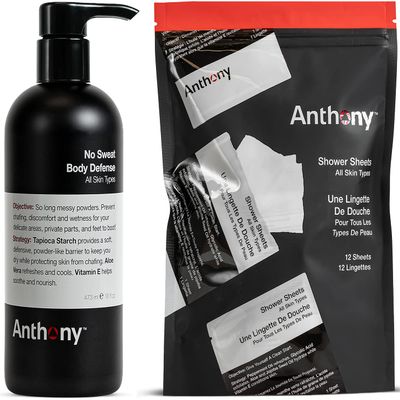 Anthony No Sweat Body Defense and Shower Sheets Bundle, Anti-Chafe Talc Free Cream To Powder Lotion, 16 Fl Oz, and Pack Of 12 Shower Sheets