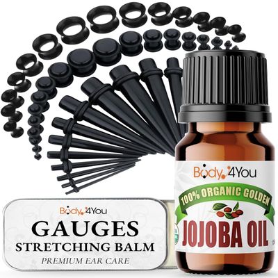 BodyJ4You 55PC Ear Stretching Kit 14G-12mm - Aftercare Jojoba Oil Ear Stretching Balm - Black Acrylic Plugs Gauge Tapers Silicone Tunnels - Lightweight Expanders Men Women