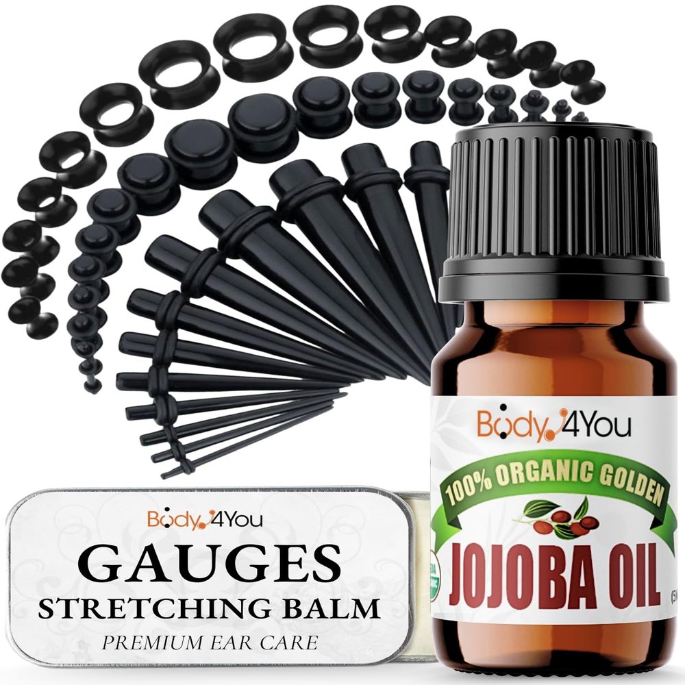 BodyJ4You 55PC Ear Stretching Kit 14G-12mm - Aftercare Jojoba Oil Ear Stretching Balm - Black Acrylic Plugs Gauge Tapers Silicone Tunnels - Lightweight Expanders Men Women