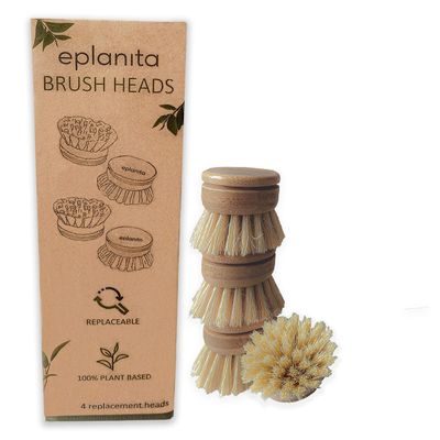 eplanita Replacement Brush Heads (Pack of 4) for Bamboo Dish Brush, Sisal Bristle Refills, Agave Cactus Fibres, Kitchen Eco Scrubber, Plastic Free Washing Up, Zero Waste Cleaning