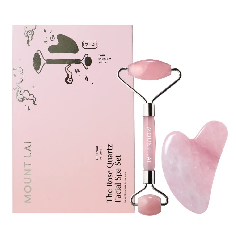 Mount Lai Rose Quartz Gua Sha Facial Tools, Pink Quartz Gua Sha Facial Tools Set and Roller, Guasha Tool for Face to Relieve Muscle Tension and Reduce Puffiness, Anti Aging Skin Care Sets for Women