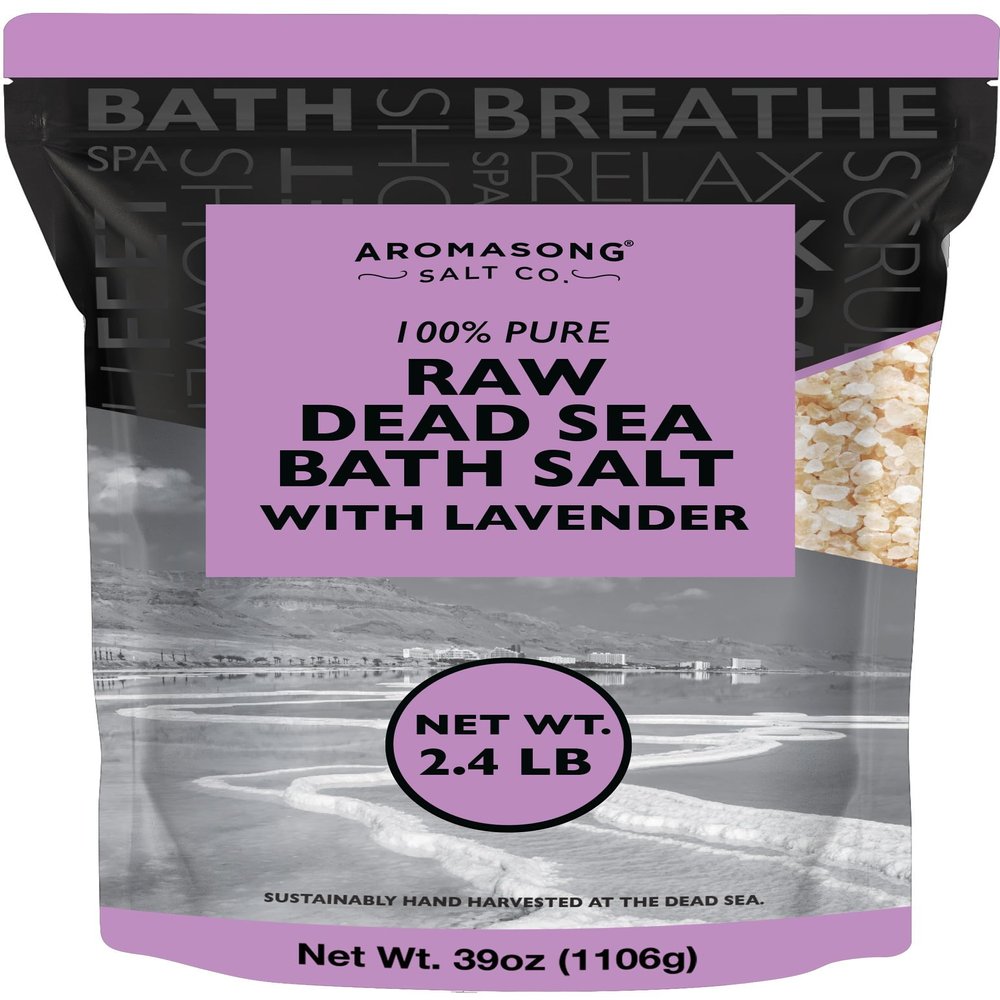 Aromasong Pure Raw Dead Sea Salt for Soaking with 100% Natural Lavender, 2.43 LB - Spa Bath Salt Fine Grain - Body Wash Scrub - Soak for Women & Men- Bulk Resealable Pack