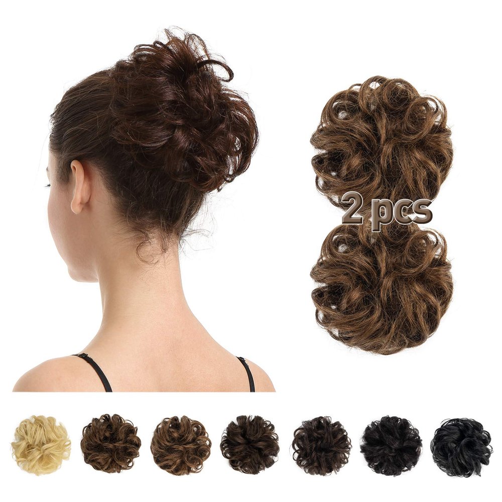 BARSDAR 100% Human Hair Bun Extension - 2 PCs Real Human Hair Messy Bun Hair Pieces Brown Hair Bun Extensions for Women - Real Human Hair Bun Scrunchies Updo Chignons Daily - Medium Chestnut Brown