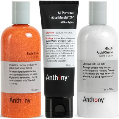 Anthony Glycolic Facial Cleanser 8 Fl Oz, and Anthony Facial Scrub, 8 Fl Oz, and Anthony All Purpose Facial Moisturizer, 3 Fl Oz