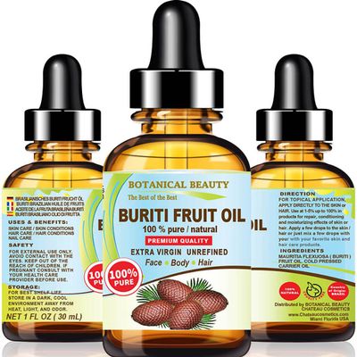 Botanical Beauty Brazilian BURITI FRUIT OIL 100% Pure Natural Virgin Unrefined Cold Pressed Carrier Oil Undiluted for Face, Body, Hair, Lip, Nails (1 Fl Oz)