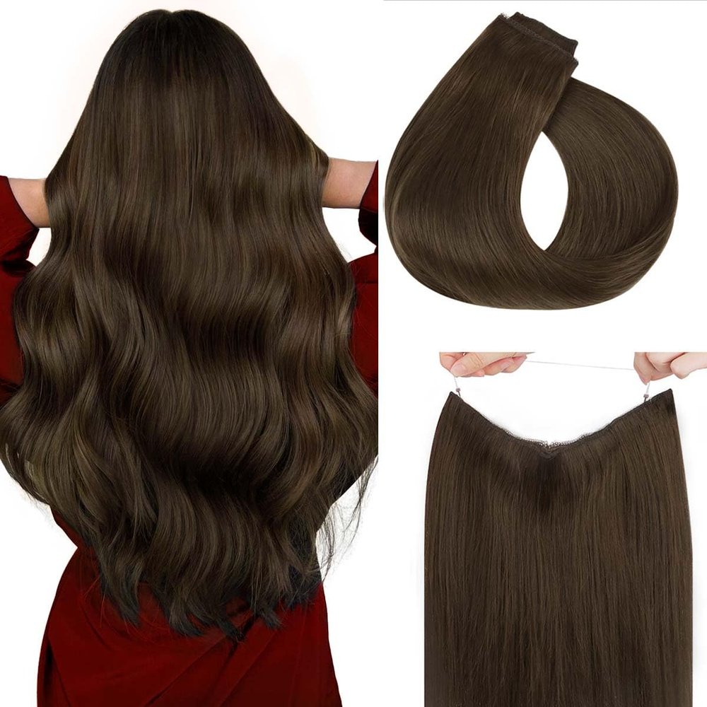 HOTBANANA Wire Hair Extensions, 20 inch 110g Chocolate Brown Fish Line Hair Extensions Real Human Hair Straight Invisible Wire Hair Extensions Remy Hair Extensions