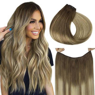 HOTBANANA Wire Hair Extensions 14 inch 75g Walnut Brown to Ash Brown and Bleach Blonde Fish Line Extensions Real Human Hair Straight Invisible Wire Remy Hair Extensions