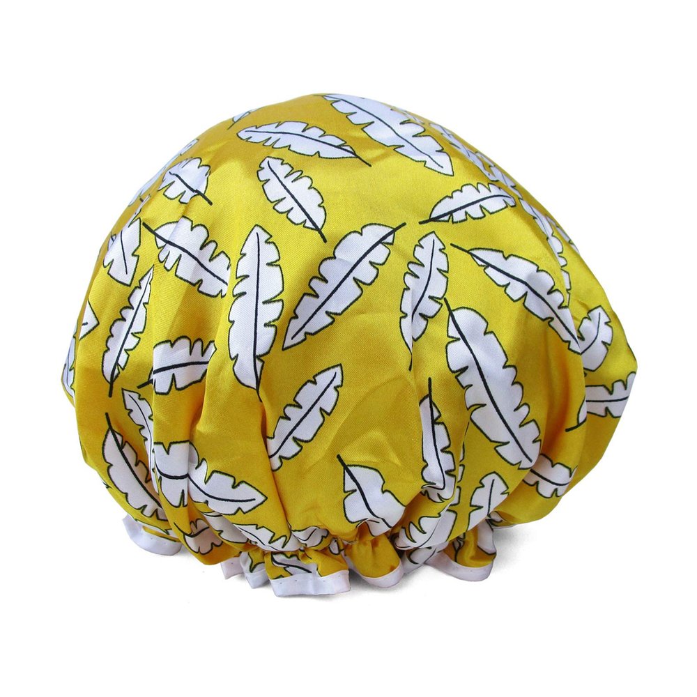 1 Pcs Shower Cap for Women Reusable Elastic Waterproof Printed Protection Hair Bath Cap (08 Yellow Feather)