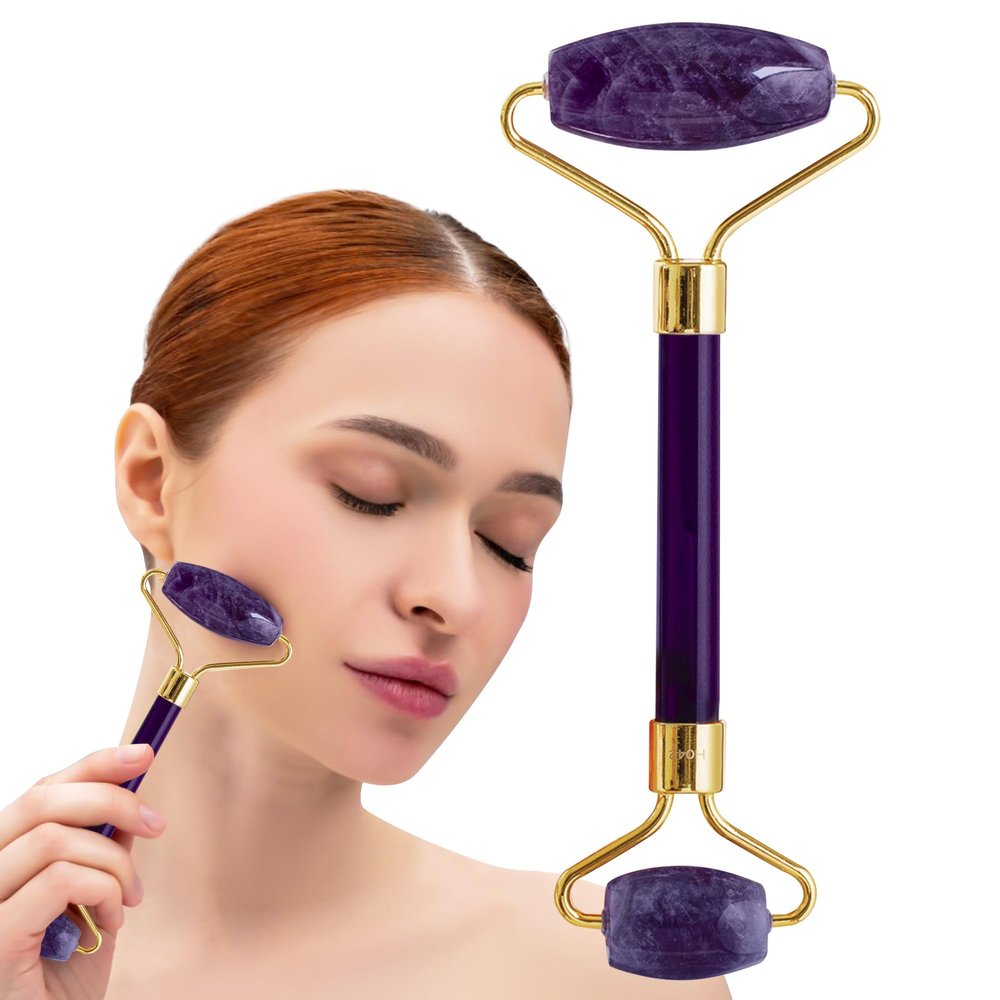 Amethyst Face Roller - Gua Sha Facial Tools, Jade Rollers for Face, Eye and Neck, Skin Care Kit for Men Women, Facial Massager for Wrinkles and Lifting, Self Care, Eye Rollers for Aging Skin
