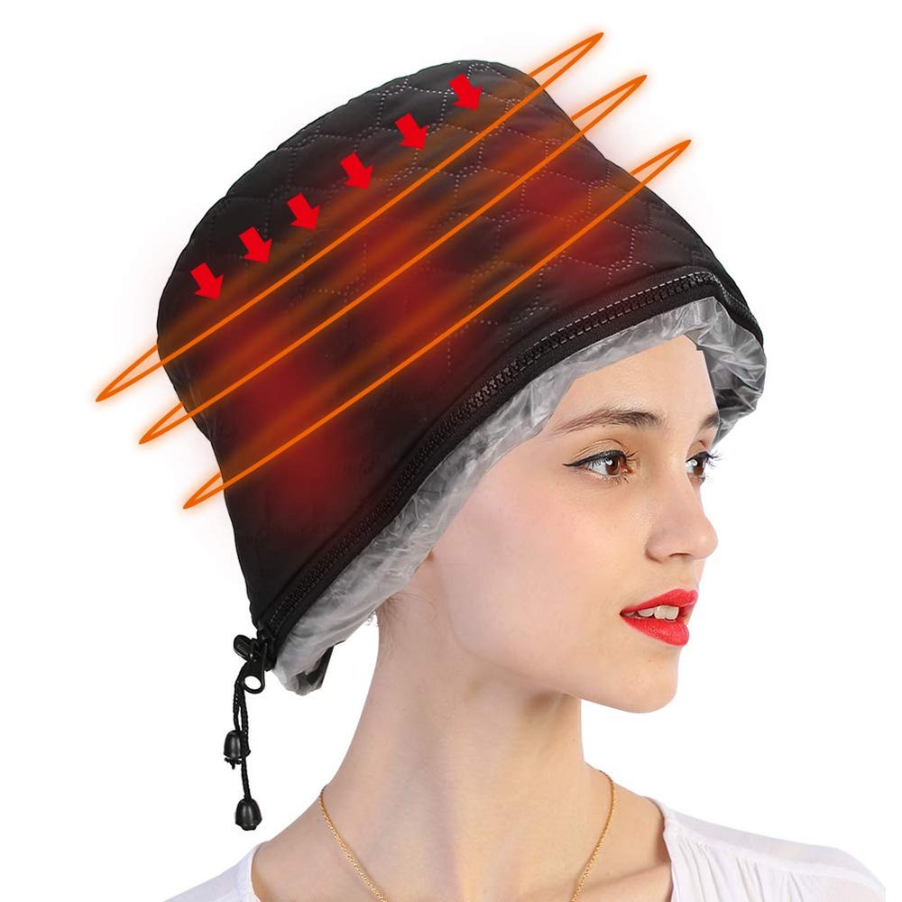 Heating Cap For Deep Conditioning, 3 Gear Black Adjustable Brim Hair Thermal Treatment Cap with Over Temperature Protection for Home Use (Black)