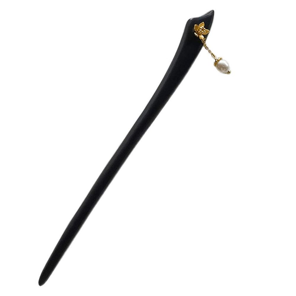 FANTAC CRAFTS Natural Pearl Pendant Ebony Handmade Carved Black Wood Hair Stick with 24K Gold-plated Flower Han Chinese Clothing Hair Accessories Daily Wooden Hair Pin Bun Updo Hairpin