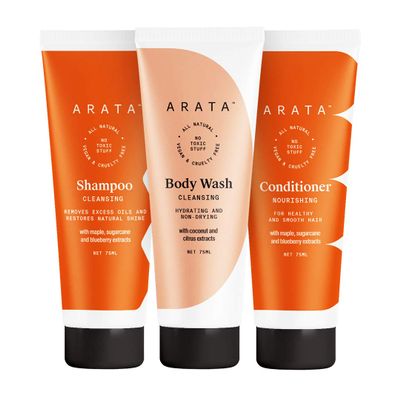 Arata Natural Shower Power Set For Men & Women With Cleansing Shampoo (75Ml), Body Wash (75Ml) & Hair Conditioner (75Ml) || All-Natural & Cruelty-Free || Plant-Based, Non-Toxic Bath