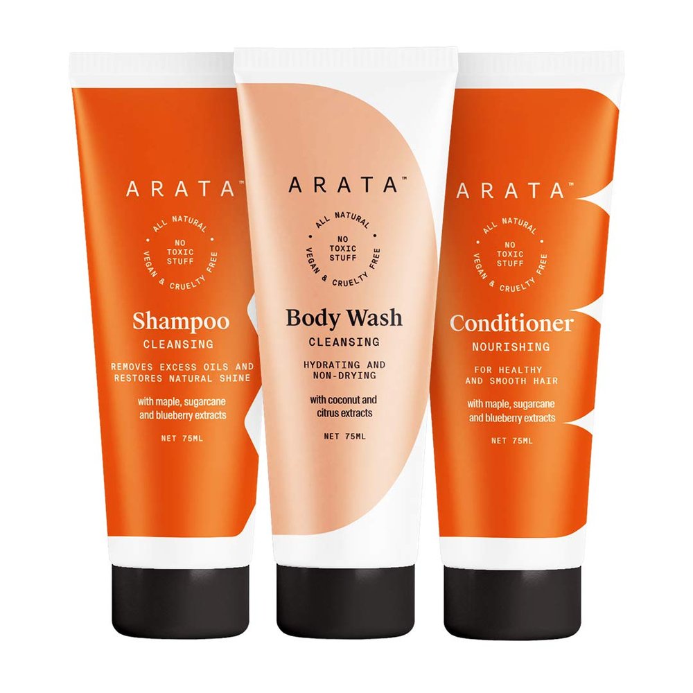 Arata Natural Shower Power Set For Men & Women With Cleansing Shampoo (75Ml), Body Wash (75Ml) & Hair Conditioner (75Ml) || All-Natural & Cruelty-Free || Plant-Based, Non-Toxic Bath