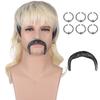 AMZCOS 70s 80s Rocker Mullet Wig Set for Men | Dark Roots Short Blonde Wavy Wigs for Mens Halloween Cosplay Party with 6 Earrings and Mustache view 1