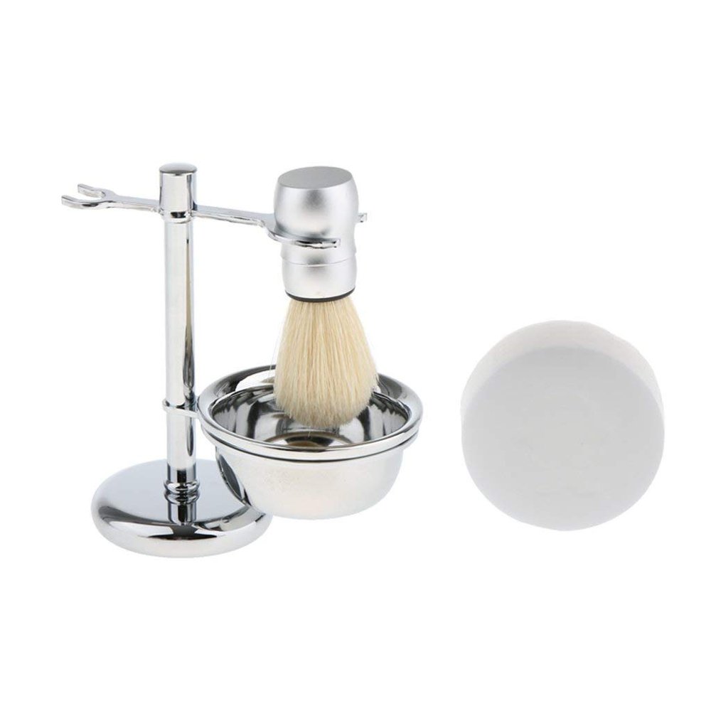 Inzopo 4 in 1 Men's Shaving Kit Soft Nylon Hair Brush + Stainless Steel Shaver Holder Stand & Bowl/Mug + Soap