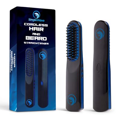 Beard Straightener, New Improved Charging Cable(USB C), Cordless Beard and Hair Straightening Comb, Rechargeable, Portable, and Durable. Beard comb for men, Grooming Accessory for Men (Black and Blue)