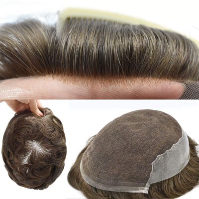 LYRICAL HAIR Mens Hair System Transparent French Lace Human Hair Thin Skin Mens Toupee Gray Brown Black Blonde Men Hair Piece (6 * 9", 7# VERY LIGHT BROWN-120% medium light to medium density)