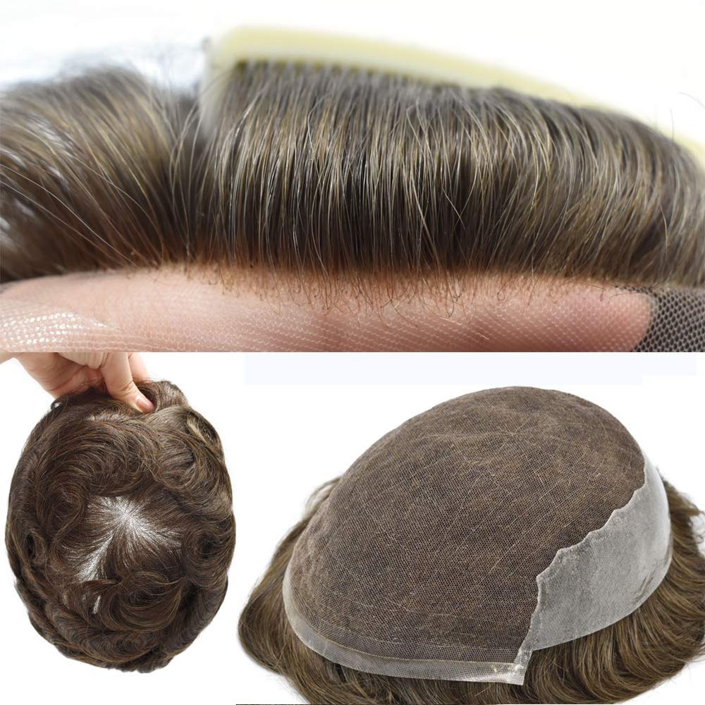 LYRICAL HAIR Mens Hair System Transparent French Lace Human Hair Thin Skin Mens Toupee Gray Brown Black Blonde Men Hair Piece (6 * 9", 7# VERY LIGHT BROWN-120% medium light to medium density)