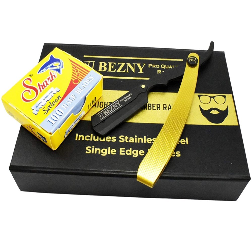 BezNY Straight Edge Barber Razor - Professional Straight Razors For Men Shaving, Beard Shaping & Haircut (100 Blades) - Gold, Black - Men's Department - Men, Women